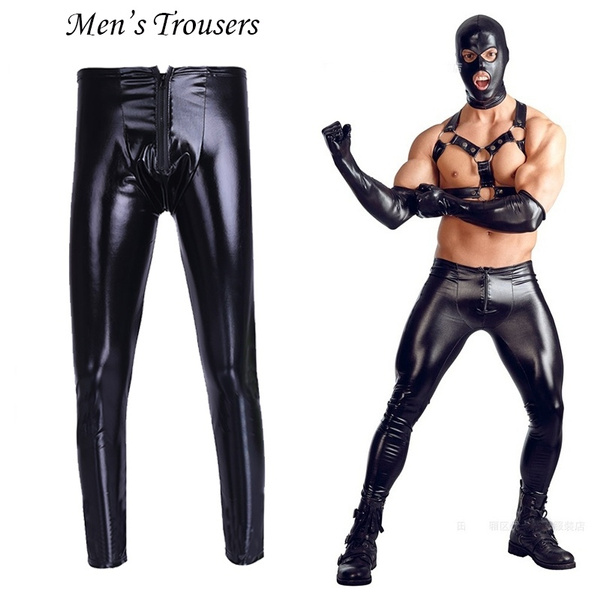 Men's Black Faux Leather Like Tight Long Pants PVC Trousers