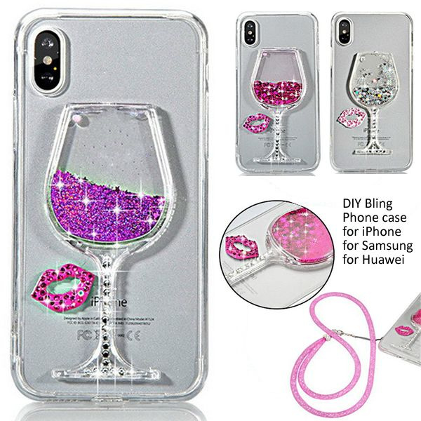 Fashion Multicolor Design Cases Liquid Quicksand Wine Glass And Love Heart Pattern With Neck Strap Luxury Bling Rhinestone Crystal Jewelry Diamond Pearls Diy Handmade Cover Mobile Phone Case For Apple Iphone