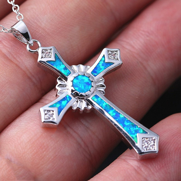 Cross Necklace, Opal Cross Necklace, Blue Cross Necklace, Cross Jewelry,  Cross Pendant, Cross Necklace Women 