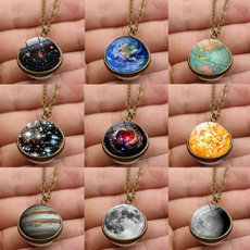 2018 Galaxy Astronomy Pendant Earth /Sun/Jupiter Jewelry Space Universe Necklace Milky Way Jewellery Double-sided Glass Ball Solar System Galaxy Sky Pendant Necklace(Diamater 16Mm)
