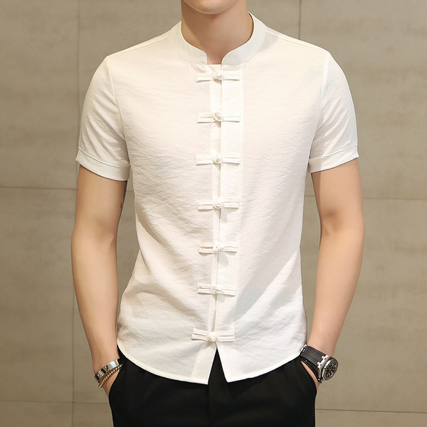 New Chinese Style Short Sleeve Shirt Stylish Stand Collar T-Shirt Slim ...