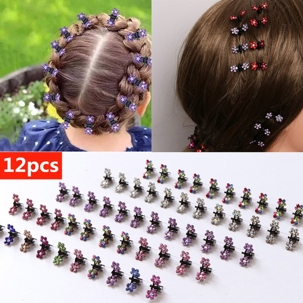 12 pcs Girls Sweet Rhinestone Crystal Flower Mini Hair Claws Hair Clips Clamps
