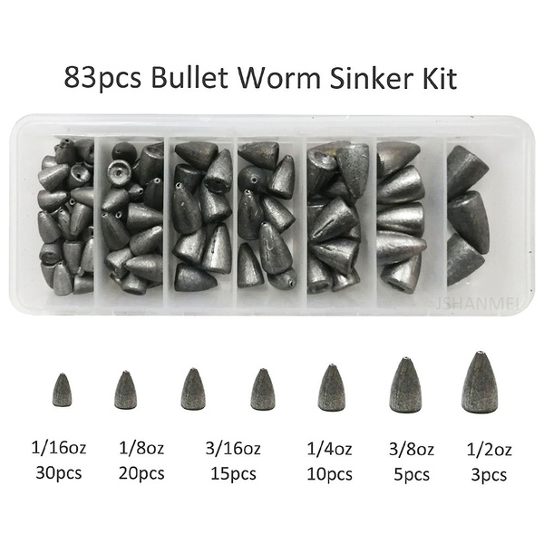 83 Pieces Bullets Fishing Sinker Worm Weight Sinker Kit for