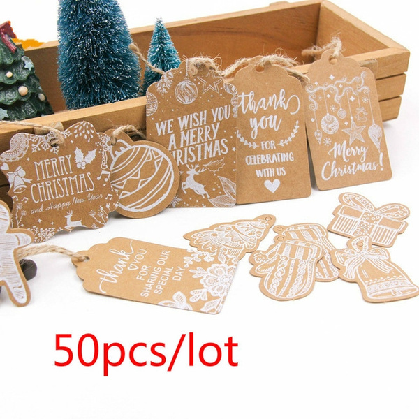 50PCS Christmas Kraft Paper Tags DIY Crafts Hang Tag With Rope Labels-Gift 