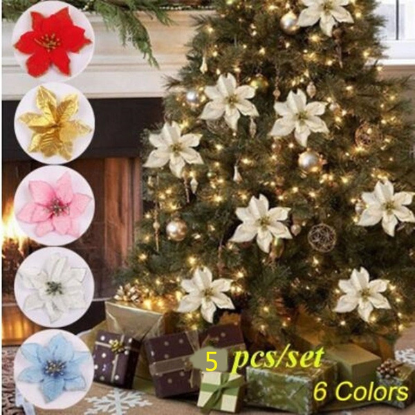 Glitter Hollow Flower Decoration Flowers for Christmas Trees for New Year Christ 