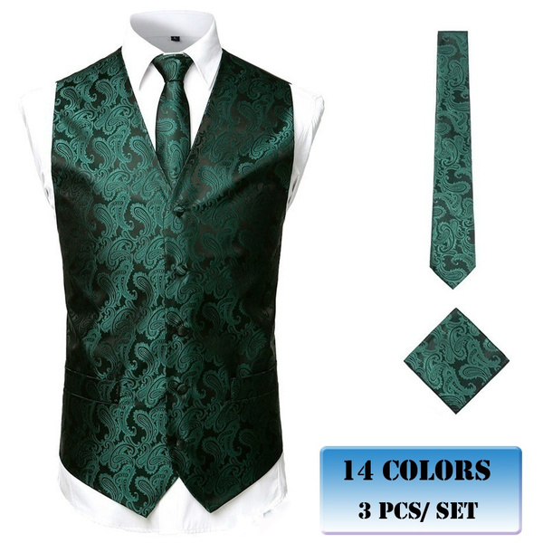 New Men's emerald Green vest Tuxedo Waistcoat ascot hankie set wedding prom 