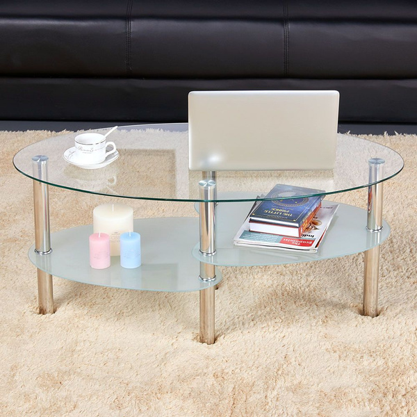 3 Tier Modern Living Room Oval Glass Coffee Table Round Glass Side Table End Tables All Clear With Chrome Finish Legs Cocktail Table 5011053 591368 Clear Wish