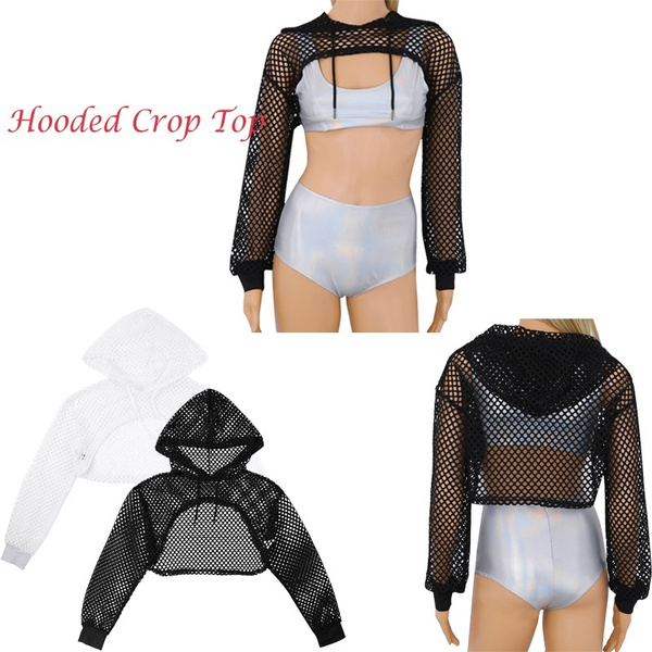 Women's See Through Mesh Fishnet Crop Top Hooded Hoodies Long Sleeve  Sweatshirts