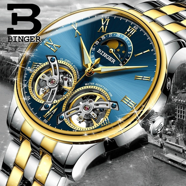 BINGER Switzerland Watches Men Sapphire Water Resistant Toubillon Full Steel Mechanical Wristwatches Montre Uhr with Gift Box