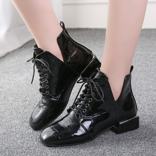 shiny lace up ankle boots