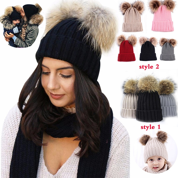 womens bobble hats with fur pom pom