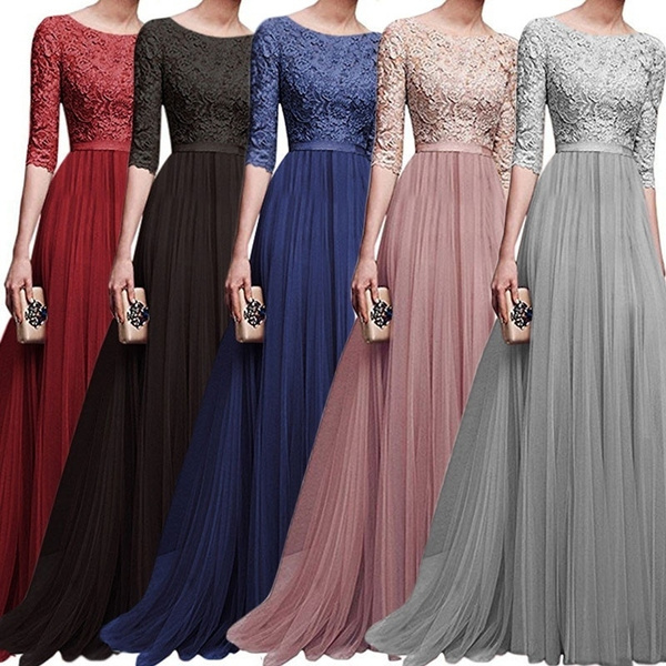 New Fashion 5 Colors Elegant Long Sleeve Elegant Lace Long Dress Women ...