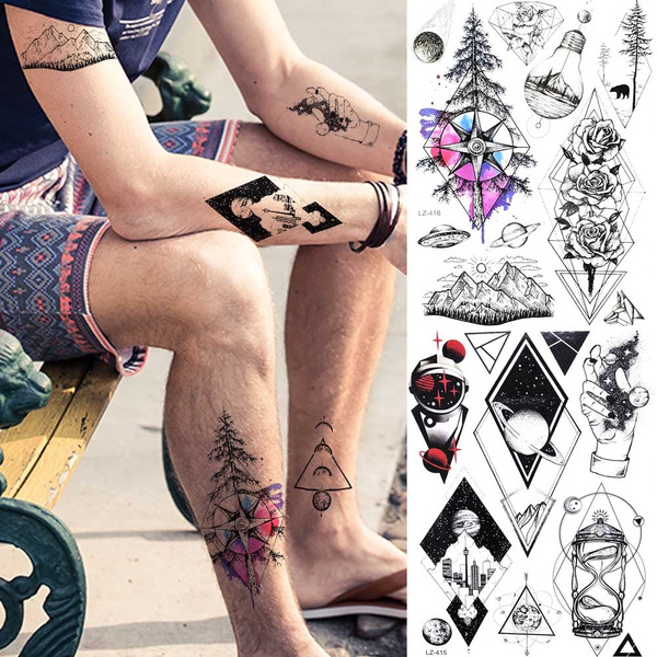 GoldOcean Men Cool Triangle Moon Tattoo Stickers Women Arm Art Temporary Tattoo  Geometry Pine Tree Rose FLower Fake Tatto Planet | Wish