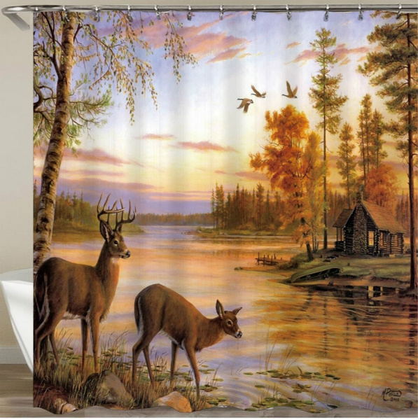 Animal Theme Fabric Shower Curtain deer and forest river Bathroom Waterproof 
