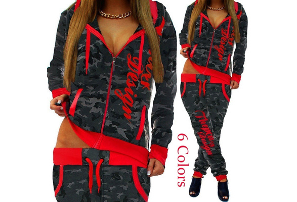 Womens Ladies Camouflage Tracksuit Army Loungewear Top Trousers 2 Piece Jogsuit 