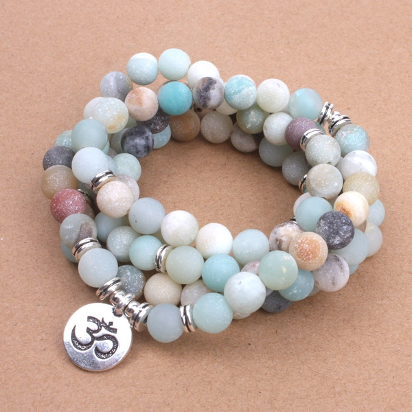 Fashion Women S Bracelet Matte Frosted Amazonite Beads With Lotus Om Buddha Charm Yoga Bracelet 108 Mala Necklace Wish