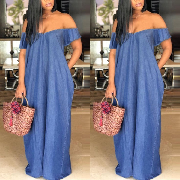 Women Sexy Off Shoulder Denim Dress Casual Solid Blue Long Maxi Dresses  Plus Size
