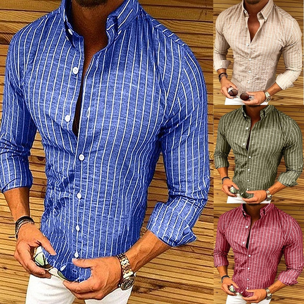 New Men's Striped Shirts Men's Casual Long Sleeves Shirt Men Dress