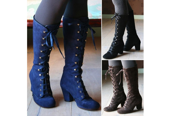 New Autumn Winter Women Fashion Steampunk Gothic Vintage Style Retro Punk  Boots Cozy Lace Up Elegant Knee High Boots Plus Size, Mid-Calf Boots