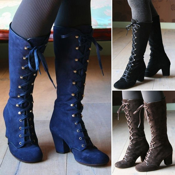 Details about   Womens British Lace Up Low Heel Lace Up Winter Warm Boots Knee High Shoes Punk D 