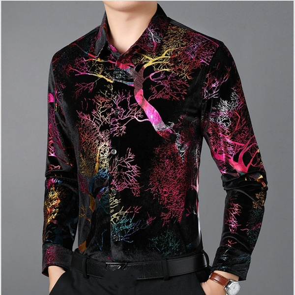 Men Velvet Shirts Casual Long Sleeve Blouse Floral Pleuche Tops Formal