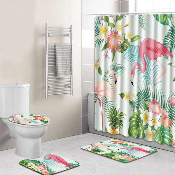 Cute Pink Flamingos Polyester Shower, Shower Curtain Sets With Rugs And Towels Accessories