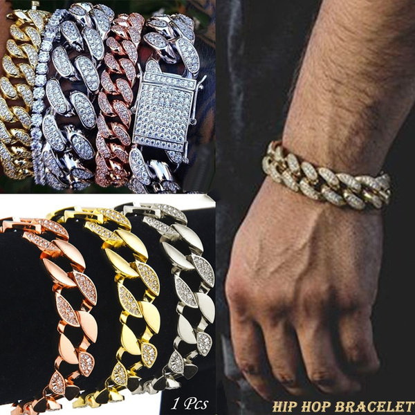 1 Pcs Men Women Gold Hand Chain Hip Hop Iced Out Curb Cuban Diamond  Bracelet Paved Clear Rhinestones Bracelet Present | Wish