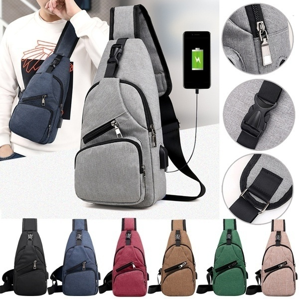 Unisex Canvas Bag Sport Chest Pack USB Charging Crossbody Shoulder Bag ...