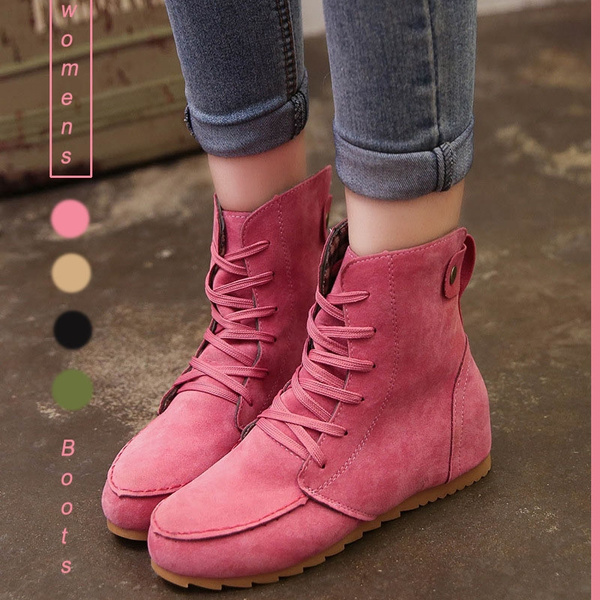 Womens Casual Fashion Winter Boots Round Toe Lace Up Ankle Boots Cute ...
