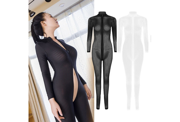 Women Striped Sheer Bodysuit Catsuit Two Way Zipper India