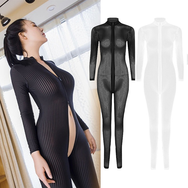 Fashion High Quality Mesh Open Long Zipper Open Crotch Bodysuit