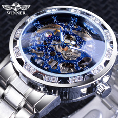 Winner Skeleton Men's Mechanical Watches Luminous Hands Silver Stainless Steel Wristwatch