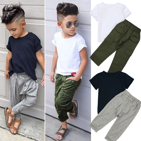 2020 New Casual 2pcs/set Short Sleeve + Cargo Pants Black White