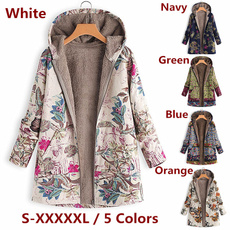Women's Fashion Leaves Floral Print Fluffy Fur Hooded Long Sleeve Vintage Coats Manteaux Dames Veste Femme Plus Size S-5XL