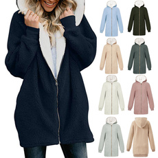 New Ladies Solid Color Long-sleeved Hooded Knit Cardigan Jacket Winter Warm Zipper Coat