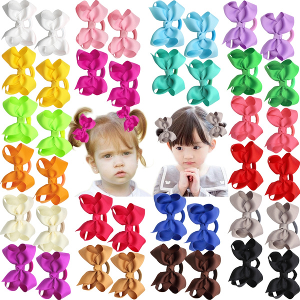 40Pieces Boutique Grosgrain Ribbon 3" Hair Bows Pigtail Holder Elastic