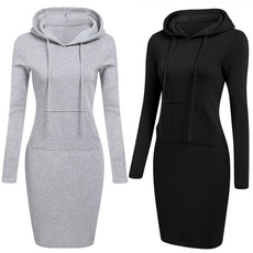 Fashion Women Casual Solid Color Long Sleeve Drawstring Hoodie Dress with Pocket Slim Hooded Pullover Sweatshirt Dress