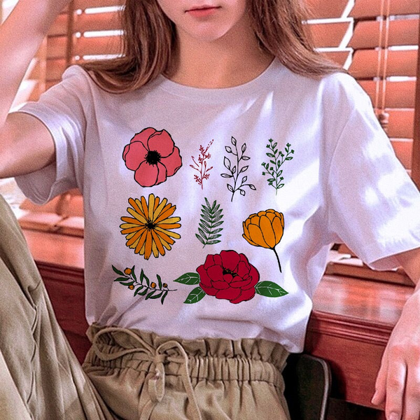 Street Style Nature Flower Printed Short Sleeves Cotton 70s' 80s' 90s ...