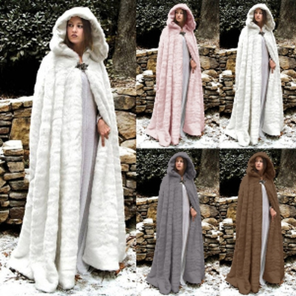 Women's White Classic Hooded Faux Fur Cloak - fauxfur.co