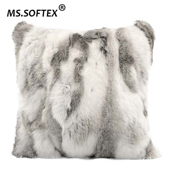 MS.Softex Genuine Rabbit Fur Pillow Case Patchwork Pillow Cover Natural Fur Cushion Cover Home