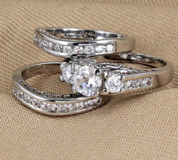 Sterling, White Gold, Engagement Wedding Ring Set, 925 sterling silver