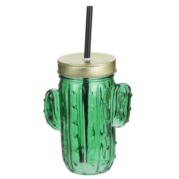 Drinking Jar Cactus en verre vert avec paille 40cl