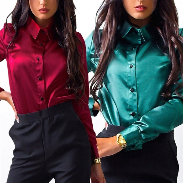 Popular Women Silk Satin Blouse Button 
