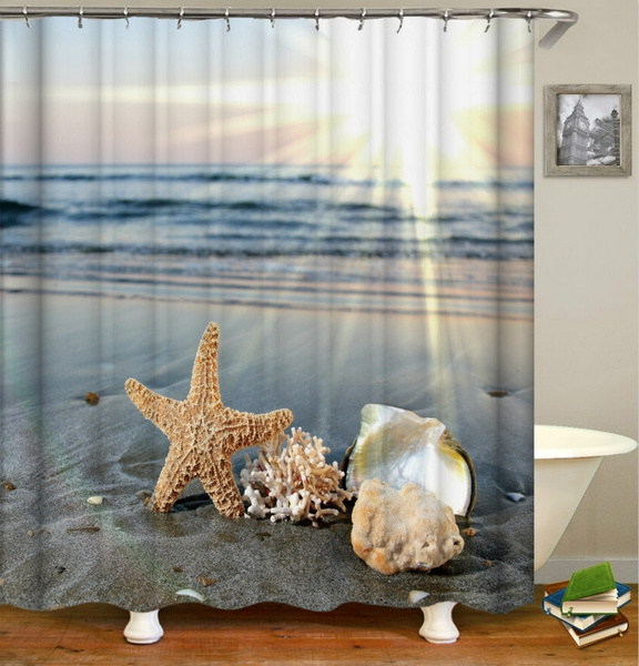 Beach Shells Decorations Shower Curtains Starfish Conch Shells Waterproof  Fabric Polyester Bathroom Decorations Ocean Shower Curtains