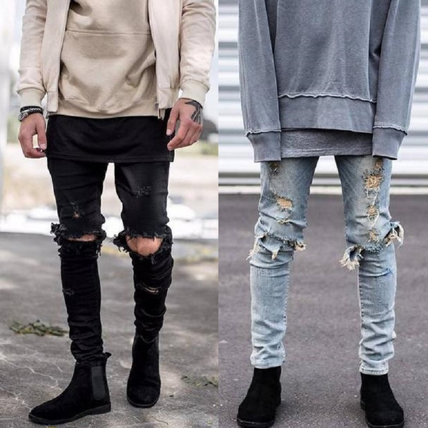 Cool Fashion Street Style Ripped Jeans Slim Knee Big Holes Denim Pencil Trousers | Wish