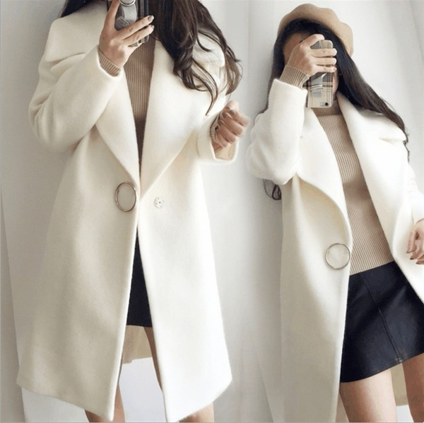 New Korean Wool Coat Thick Large Lapel White Long Style Wool Coat ...