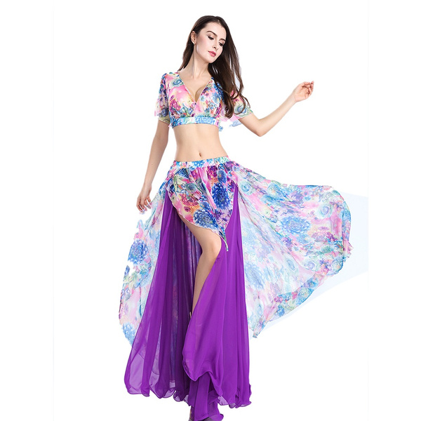 ROYAL SMEELA Belly Dance Costume Set for Women Chiffon Belly Dancing Skirt  and Tops Sexy Dancing Dress Outfit One Size