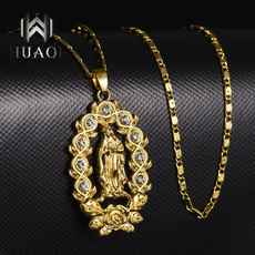 HUAQI 18k Gold Virgin Mary Pendant Necklace Women Crystal Rhinestone Gold Retro Rose Religion Jewellery Necklace For Women Men