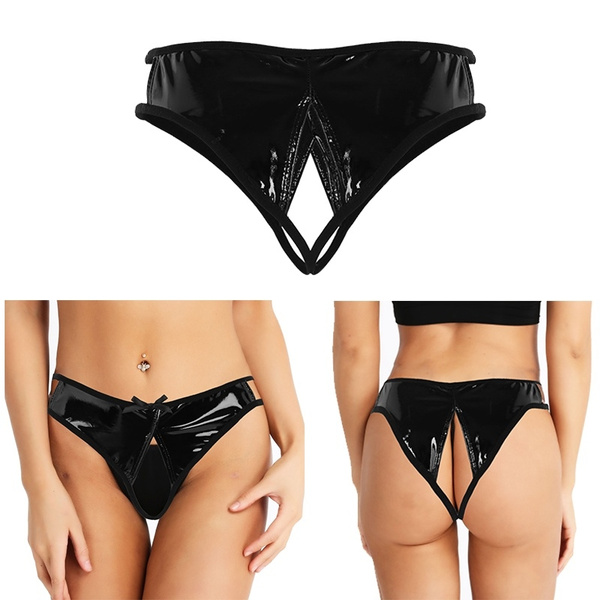 Open Crotch Thong Panties Women Faux Leather Low Rise Briefs