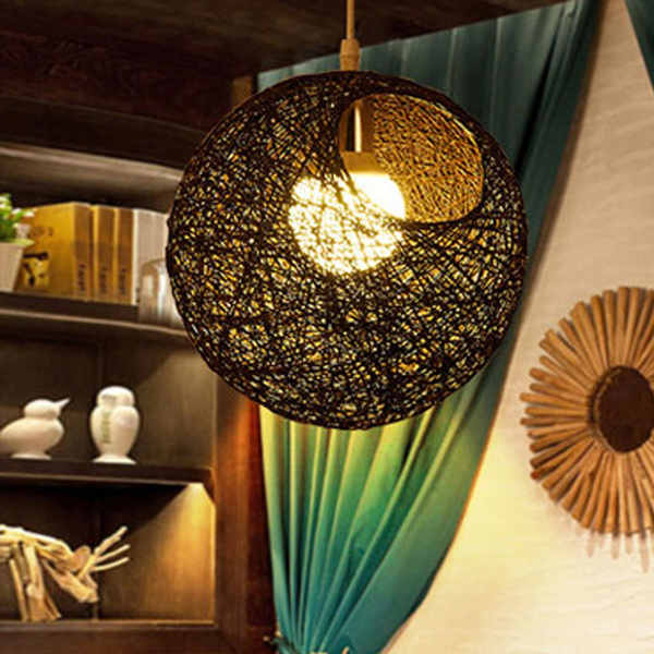 2 Pcs Rural Twine Rattan Wicker Ball, Globe Pendant Hanging Lamp With Rattan Shade